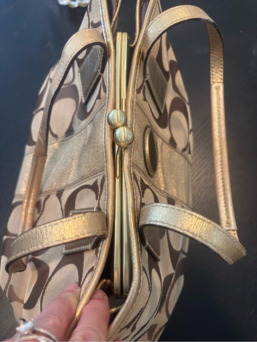 Coach EUC Signature Kisslock Stripe Framed Carryall Tote Gold Metallic w COA - Picture 3 of 13